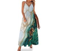 Vestido Largo Mujer Sin Mangas Textura Mineral Dorada Maxi Vestidos Cuello en V Ágata De Lujo Vestido Tirantes Delgados hasta El Tobillo Ligero y Aireado para Fiesta Boda Vacaciones