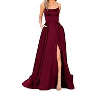 Vestido Largo Mujer - Vestidos De Baile Damas Mujeres Largas Elegante Halter Sin Espalda Vestidos LargosCrisn Satin Spaghetti Party Vestido De Corte Lateral Vestido De De Noche De Boda Con Bolsillos
