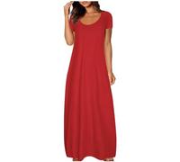 Vestido largo para mujer, casual, moderno, cuello redondo, manga corta, acampanado, vestidos simples, holgados, amplios para verano, playa, vacaciones, vacaciones, vestidos de colores sólidos, B-rojo
