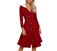 Vestido largo para mujer con capucha - Vestido de invierno elegante y elegante Color sólido con botones sexy Slim Casual Noel Carnaval Fete Dress 2026, rojo, XL