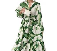 Vestido largo para mujer, con estampado de graffiti colorido, manga farol, cuello polo, casual, vintage, bohemio, vestido largo para fiestas de otoño, Cuello en V, verde, L