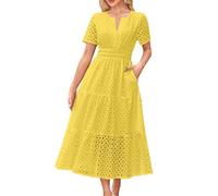 Vestido largo para mujer, de verano, casual, de manga corta, cuello en V, con volantes, acampanado, vestido largo con vuelo, amarillo, XXL