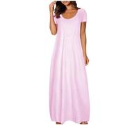Vestido largo para mujer, de verano, cuello redondo, manga corta, casual, color liso, holgado, transpirable, cómodo, liso, maxi, ajuste holgado, para playa, uso diario y trabajo, azul celeste, XL