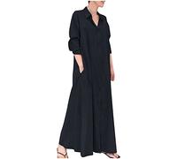Vestido largo para mujer, holgado, de manga larga, de algodón, estampado, con bolsillos, vestido camisero de mezclilla para mujer, Negro, XL