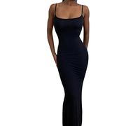 Vestido largo para mujer, informal, básico, liso, con correa de espagueti, vestido largo TikTok, vestido influencer, Negro , L