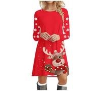 Vestido largo para mujer, manga larga, cuello redondo, estampado suave, vestido de swing de moda, vestido de cóctel, vestido de verano para mujer, corto, playa, rojo, S
