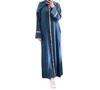 Vestido largo para mujer Muslim Abaya con mangas abombadas y cuello redondo para Ramadán Eid, azul, L