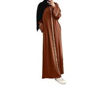Vestido largo para mujer Muslim Abaya con mangas abombadas y cuello redondo para Ramadán Eid, marrón, M
