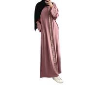 Vestido largo para mujer Muslim Abaya con mangas abombadas y cuello redondo para Ramadán Eid, rosa, M