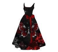 Vestido largo para mujer, sin mangas, disfraz de Halloween, vintage, sexy, de talle alto, estampado, cuello cuadrado, corte ajustado, fiesta, cóctel, fiesta, fiesta, retro, noche, swing plisado