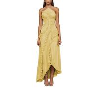 Vestido largo plisado con cuello halter para mujer, sin mangas, espalda descubierta, asimétrico, con volantes, vestido formal para invitados de boda, fiesta de noche, amarillo, XL