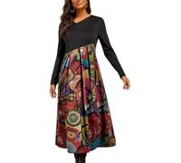 DSAoTeng Vestido largo plisado manga larga, cuello redondo, estampado floral, bohemio – Rosso L