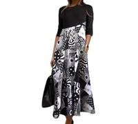 Vestido largo plisado de manga larga con cuello redondo y estampado floral para mujer, elegante, elástico, holgado, estilo bohemio, para otoño e invierno, fiesta, noche, blanco, XL