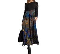 Vestido largo plisado de manga larga con cuello redondo y estampado floral para mujer, elegante, elástico, holgado, estilo bohemio, para otoño e invierno, fiesta, noche, rosa, 3XL