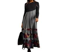 Vestido largo plisado de manga larga con cuello redondo y estampado floral para mujer, elegante, elástico, holgado, estilo bohemio, para otoño e invierno, fiesta, noche, gris, XXL