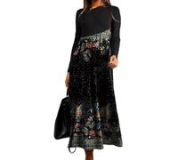 Vestido largo plisado de manga larga con cuello redondo y estampado floral para mujer, elegante, elástico, holgado, estilo bohemio, para otoño e invierno, fiesta, noche, verde, S