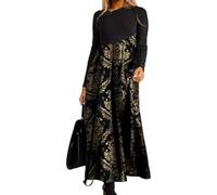 Vestido largo plisado de manga larga con cuello redondo y estampado floral para mujer, elegante, elástico, holgado, estilo bohemio, para otoño e invierno, fiesta, noche, dorado, L