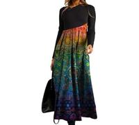 Vestido largo plisado de manga larga con cuello redondo y estampado floral para mujer, elegante, elástico, holgado, estilo bohemio, para otoño e invierno, fiesta, noche, naranja, S