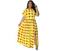 Vestido largo plisado para mujer, multicolor, estampado de lunares, manga corta, cintura alta, dobladillo con abertura lateral, vestido largo para ocasiones de verano, amarillo, XXL