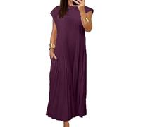 Vestido largo plisado simple de color sólido para mujer, elegante, manga casquillo, cuello redondo, casual, holgado, con bolsillos, rosso, XXL