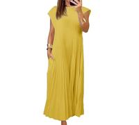 Vestido largo plisado simple de color sólido para mujer, elegante, manga casquillo, cuello redondo, casual, holgado, con bolsillos, amarillo, XXL
