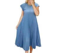 Vestido largo plisado simple de color sólido para mujer, elegante, manga casquillo, cuello redondo, casual, holgado, con bolsillos, azul, XL