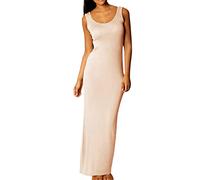 Vestido largo sin mangas de alta elasticidad con cuello en O para mujer, vestido largo ajustado sólido, caqui, S
