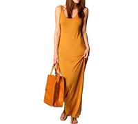 Vestido largo sin mangas de alta elasticidad con cuello redondo para mujer, vestido largo sólido delgado, Amarillo Oscuro, XXL