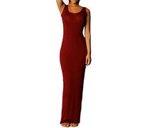 Vestido largo sin mangas de alta elasticidad para mujer con cuello en O, vestido bodycon largo, vestidos maxi sólidos y ajustados para mujer, rojo vino, XL