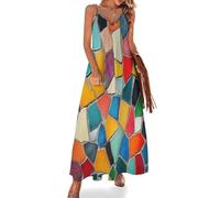 Vestido Largo Sin Mangas para Mujer, Vestido de Tirantes Verano Arte Moderno con Cuello en V Fragmentos De Cerámica De Mosaico Maxi Vestidos de Bohemio Vestidos de Playa Informal y Chic