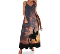 Vestido Largo Sin Mangas para Mujer, Vestido de Tirantes Verano Paisaje De Rancho del Oeste con Cuello en V Silueta De Jinete Vaquero Maxi Vestidos de Bohemio Vestidos de Playa Informal y Chic