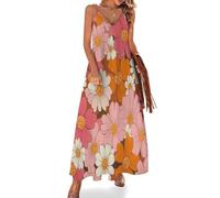 Vestido Largo Sin Mangas para Mujer, Vestidos Verano Cuello en V Flores De Margarita Falda Maxi de Tirantes Estilo Retro De Los Años 70 Vestido de Bohemio Elegante para Playa, Vacaciones y el Verano