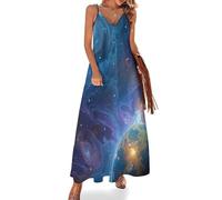 Vestido Largo Sin Mangas para Mujer, Vestidos Verano Cuello en V Galaxia Espiral Falda Maxi de Tirantes Universo De La Ciencia Ficción Vestido de Bohemio Elegante para Playa, Vacaciones y el Verano