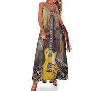 Vestido Largo Sin Mangas para Mujer, Vestidos Verano Cuello en V Guitarra Eléctrica Dañada Falda Maxi de Tirantes Grafitis Callejeros Vestido de Bohemio Elegante para Playa, Vacaciones y el Verano