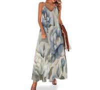 Vestido Largo Tirantes para Mujer, Estilo Campestre Retro Maxi Vestido de Bohemio Sin Mangas Cuello en V Peonía De Ensueño Vestidos Informal Ligero Transpirable para Vacaciones, Casual
