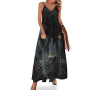 Vestido Largo Tirantes para Mujer, Pantera Negra Maxi Vestido de Bohemio Sin Mangas Cuello en V Negro Vestidos Informal Ligero Transpirable para Vacaciones, Casual