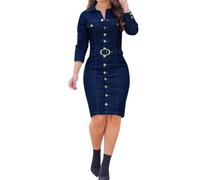 Vestido Largo Vaquero para Mujer Manga Larga con Detalles de Botones y Cinturón Elegante Diseño Entallado Casual y Moda Actual (Dark Blue, S)