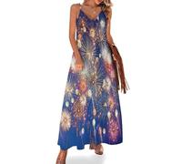 Vestido Largo Verano Mujer Fuegos Artificiales En El Cielo Nocturno Maxi Vestido Sin Mangas Cuello en V Ambiente Festivo Vestido de Tirantes Vestido Chaleco Informal para Viajes a la Playa