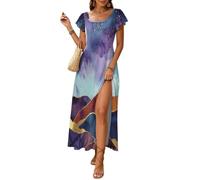 Vestido Largo Verano para Mujer Paisaje Abstracto Nocturno Vestidos Manga Volante Cuello Cuadrado Montañas Y Cielo Estrellado Elegante hasta la Rodilla Vestidos de Playa Vestidos Largos Casual Vestido