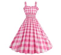 Vestido largo vintage a cuadros Vichy Rose, tirantes de espagueti, vestido de trapecio retro para fiesta de cumpleaños, frente fruncido, vestidos de verano para mujer, X-rosa, M