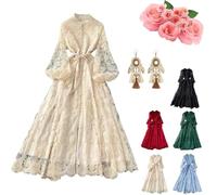 Vestido Largo Vintage de Encaje Bordado con Manga Larga de Farol - Vestido Boho Romántico Corte A Fluido para Invitada de Boda, Fiesta y Eventos (C,S)
