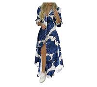 Vestido Largos de Manga Larga con Botones Mujer Bohemio Verano Nacional Fiesta Casual Cuello en V Costura Wrap Maxi Vestidos Chic de Noche Playa Vacaciones Cóctel Falda Larga Talla Grande(G Armada,M)