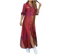 Vestido Largos de Manga Larga con Botones Mujer Bohemio Verano Nacional Fiesta Casual Cuello en V Costura Wrap Maxi Vestidos Chic de Noche Playa Vacaciones Cóctel Falda Larga Talla Grande(F Vino,3XL)