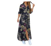 Vestido Largos de Manga Larga con Botones Mujer Bohemio Verano Nacional Fiesta Casual Cuello V Costura Wrap Maxi Vestidos Chic de Noche Playa Vacaciones Cóctel Falda Larga Talla Grande(C Armada,XXL)