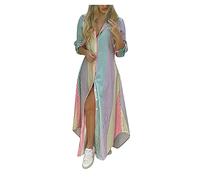 Vestido Largos de Manga Larga con Botones Mujer Bohemio Verano Nacional Fiesta Cuello en V Costura Wrap Maxi Vestidos Chic de Noche Playa Vacaciones Cóctel Falda Larga Talla Grande(G Multicolor,M)