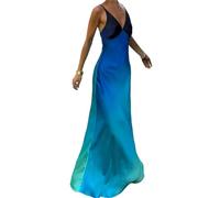 Vestido Lencero con Efecto Degradado Women's Summer Slip Dress Gradient Color Sleeveless Spaghetti Strap V-Neck Backless Slim Long Dress(Blue,S)