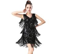 Vestido Lentejuelas Mujer Corto de BaileLatino Vestido Flecos Mujer Swing Flapper Clásica Tango SalsaSamba con Mangas los Años 20 para Cócteles Graduación Carnival Club Party (1 Black, XXL)
