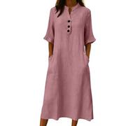 Vestido Lino Y Algodón Mujer Talla Grande Baggy Cuello en V Holgados Vestido Largo Mujer Comodos Y Elegantes Verano Otoño Formales Playa Ceremonia Long Dress (RD2, L)