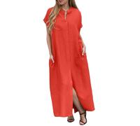 Vestido Lino Y Algodón Mujer Talla Grande Baggy Holgados Vestido Largo Mujer Manga Corta Comodos Y Elegantes Otoño Verano Formales Playa Ceremonia Long Dress (Orange, XXXL)
