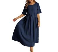 Vestido Lino Y Algodón Mujer Talla Grande Holgados Baggy Vestido Largo Mujer Manga Corta Elegantes Y Comodos Otoño Verano Formales Playa Ceremonia Long Dress (Navy, XXL)